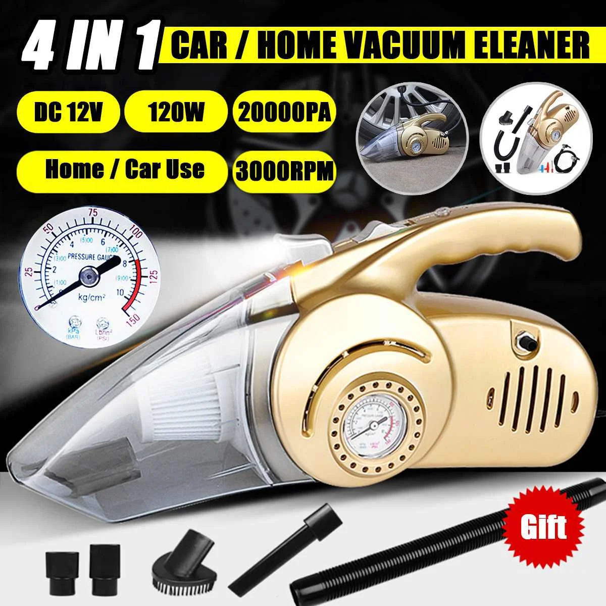 

4 in 1 20000PA 3000RPM Vacuum Cleaner For Home Car Handheld Vaccum Cleaners with Tire Inflator Pump Pressure Gauge Power Suction
