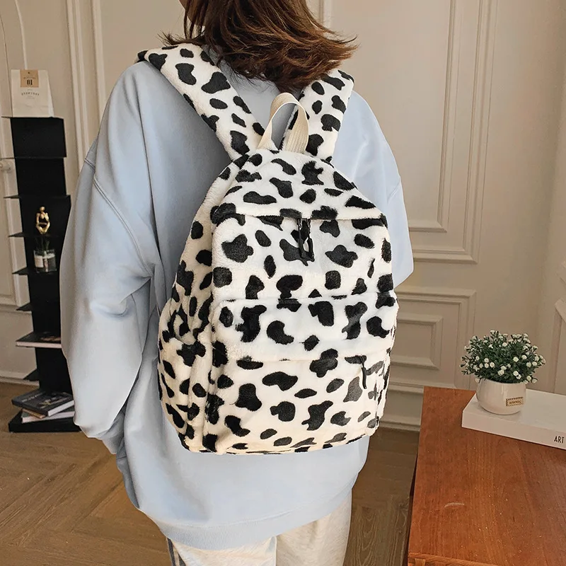 

Girls Cute Plush Spotted Backpack Ladies Small Shoulder Bag Autumn And Winter New Bag Female Simple Backpack Student School Bag