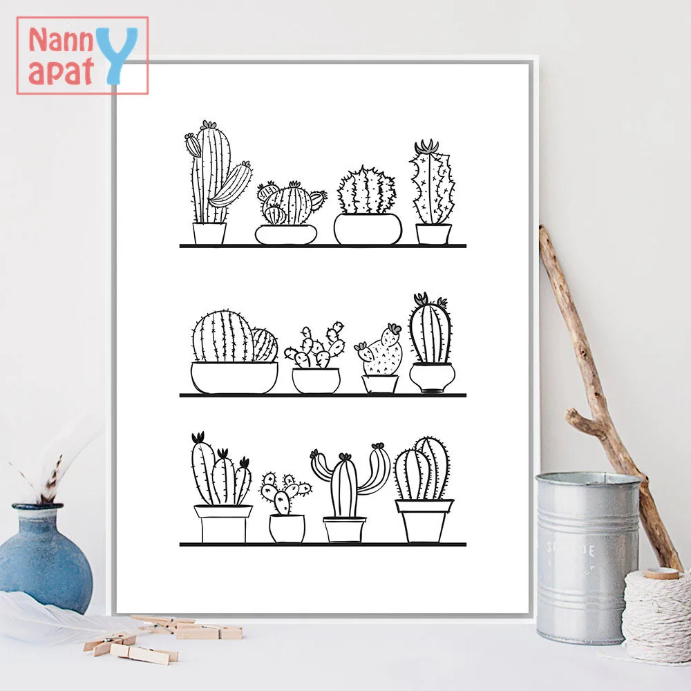 

Nordic Art Cactus Plants Minimalist Art Canvas Painting Black And White Pictures Posters And Print Modern Room Wall Decoration