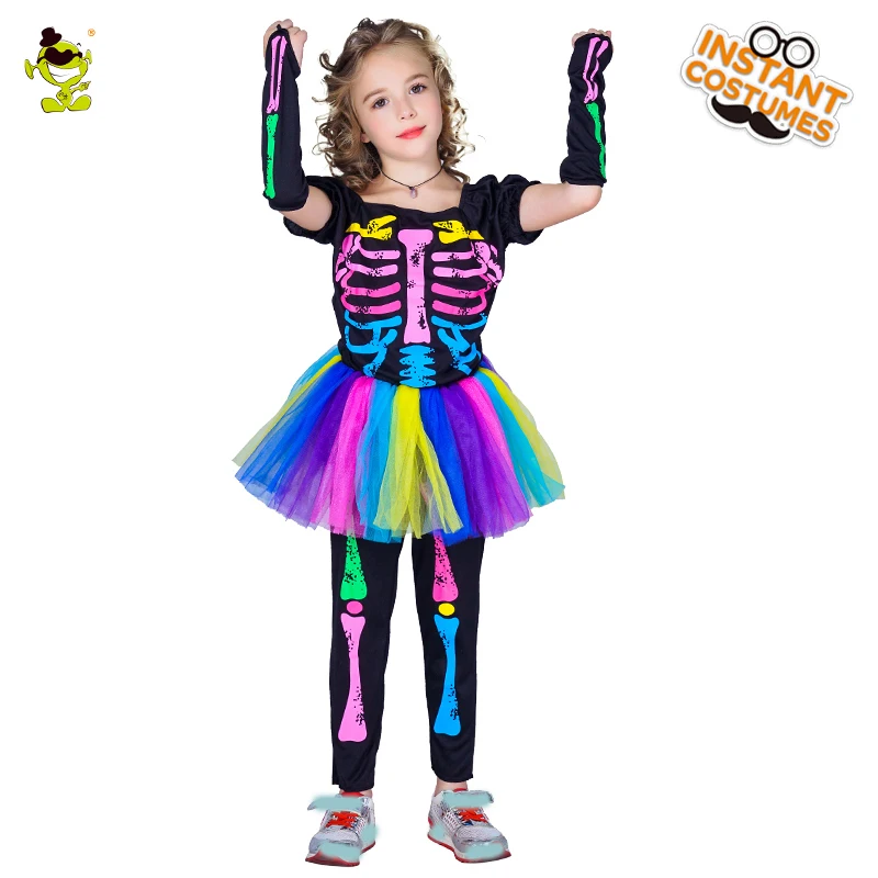 

Girls Colorful Skeleton Dress Costumes Skull Skeleton Halloween Party Costumes for Kids Clothes