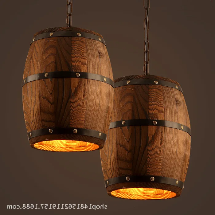 

Loft American Village Wooden Wine Barrel Pendant Light Barrel Bucket Dining Room Bedroom E27 Fixture Hanging Lighting Bed Ing