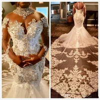 luxurious african black girls plus size sexy mermaid wedding dresses lace beaded crystals wedding dress bridal gowns vestido