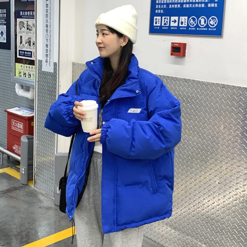 Blue Ladies Cotton Down Jacket Coat Winter Padded Coat Loose Thick Warm Short Super-large Women's Down Cotton Padded Coat
