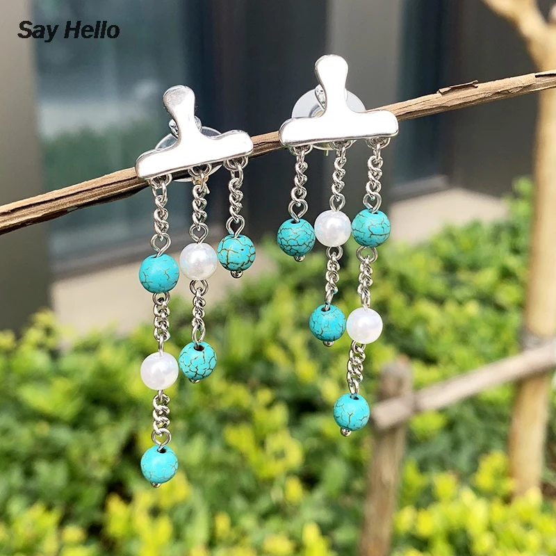 Стильные бирюзовые висячие серьги SAY HELLO в стиле бохо с кисточками для женщин