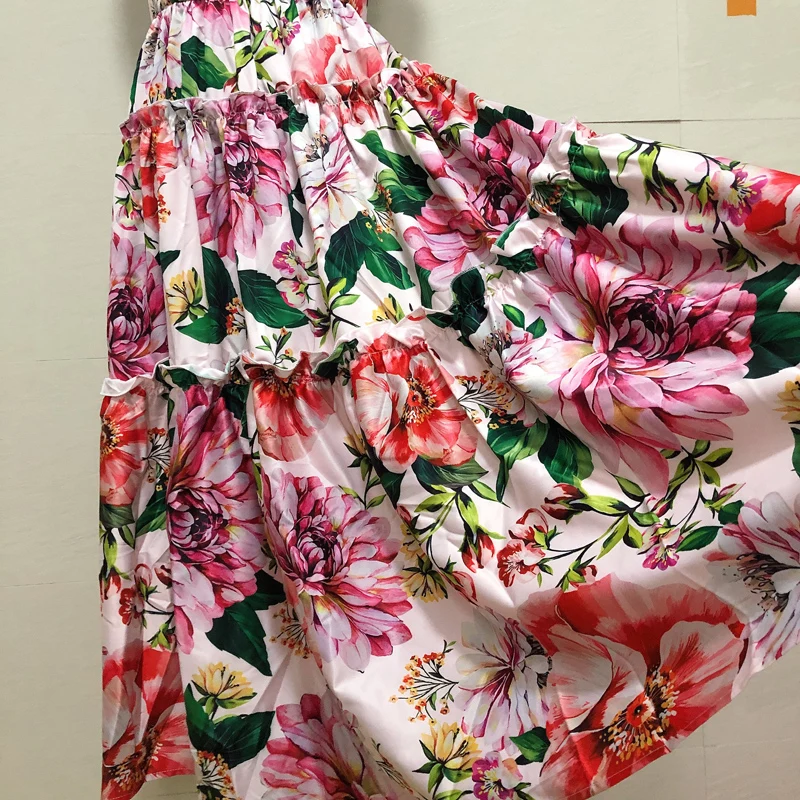 

designer brand luxury flower dress summer sleeveless red floral ruched shapghetti strap buttons midi party holiday dress