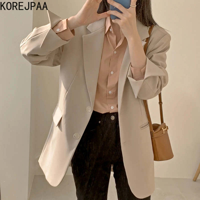 

Korejpaa Women Jackets 2021 Autumn Korea Sweet Temperament Ladies Lapel Two Buttons Loose Solid Color Long-Sleeved Blazer Coat