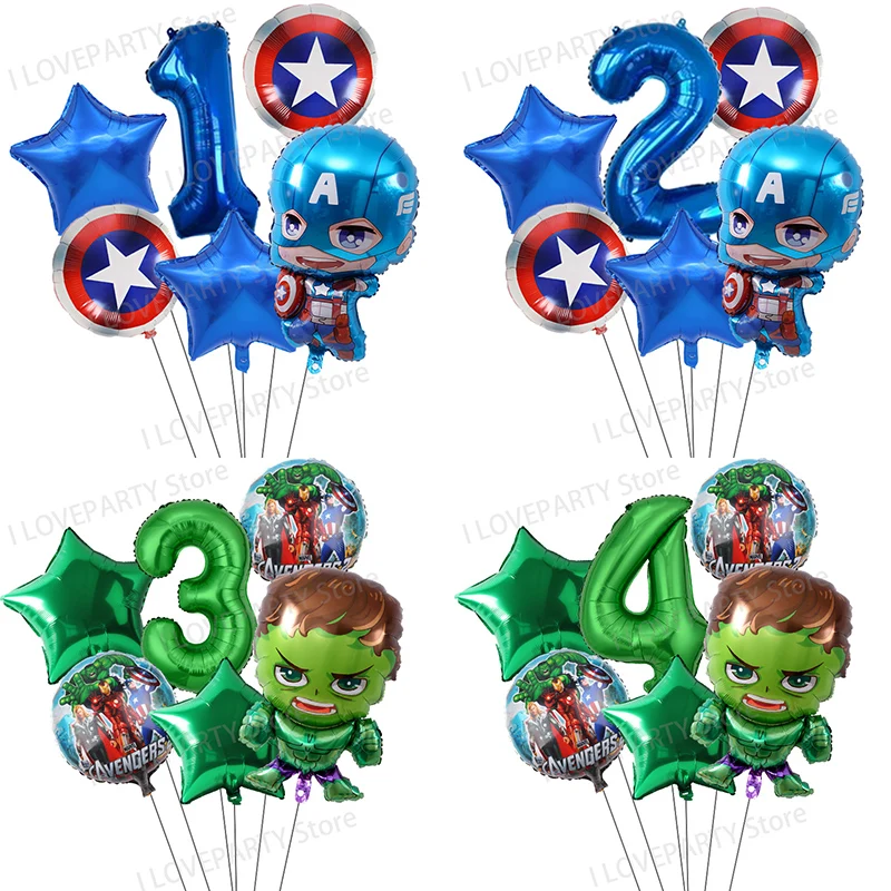 6pcs/set Cartoon Captain America Hulk Balloons Set 32inch Number Balloon 1 2 3 4 5 6 Year Birthday Party Decor Kids Toy Gifts