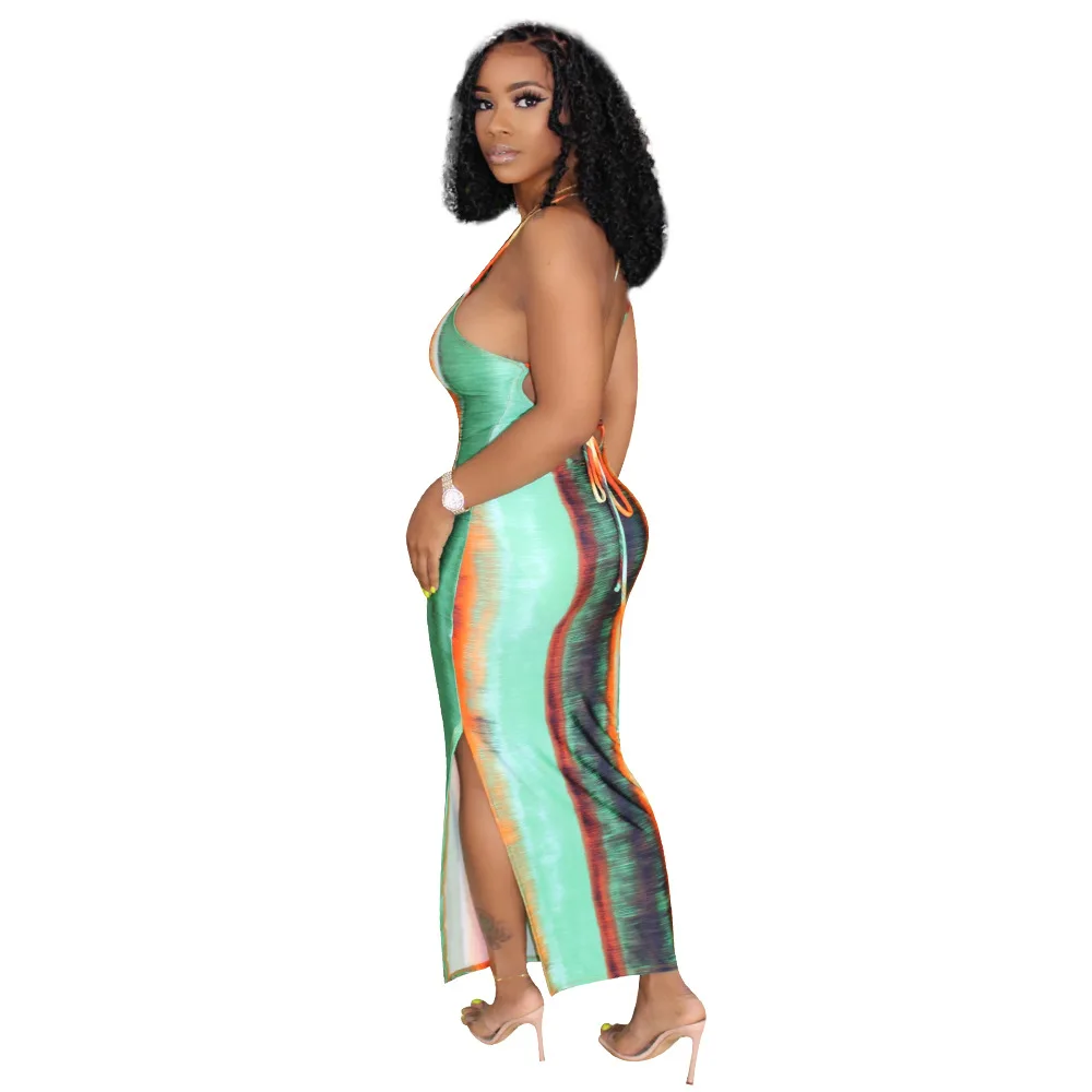 

Tie Dye Stripe Print Plus Size Vestidos Woman Spaghetti Strap Side Split Package Hip Dress Summer Backless Bohemian Long Dresses