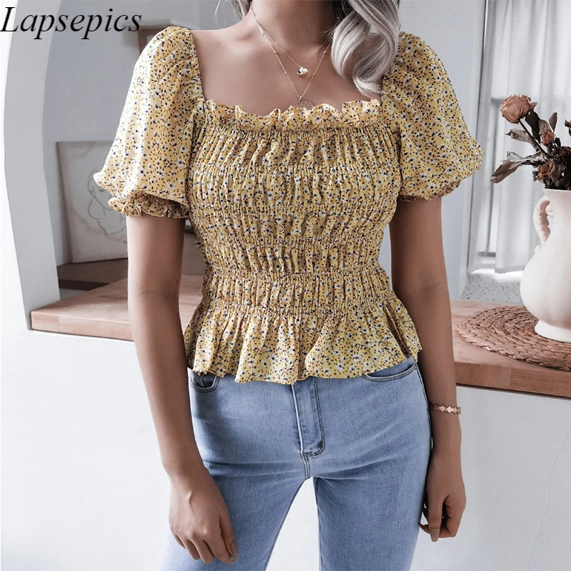 

Женская шифоновая блузка с коротким рукавом-фонариком и квадратным вырезом