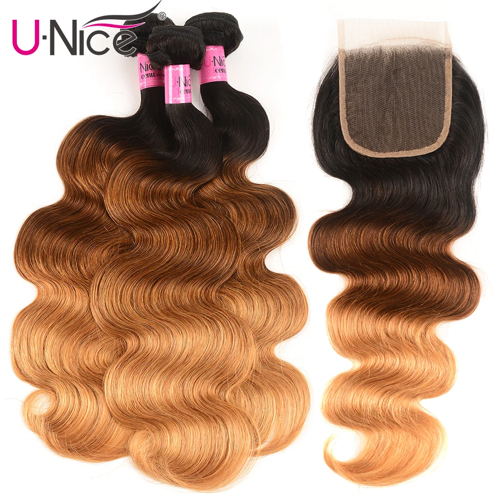 Волосы UNICE перуанский объемная волна 3/4 пряди с закрытием T1B/4/27 Цвет Remy пряди человеческих волос Инструменты для завивки волос эффектом деграде(переход от темного к пряди с закрытием