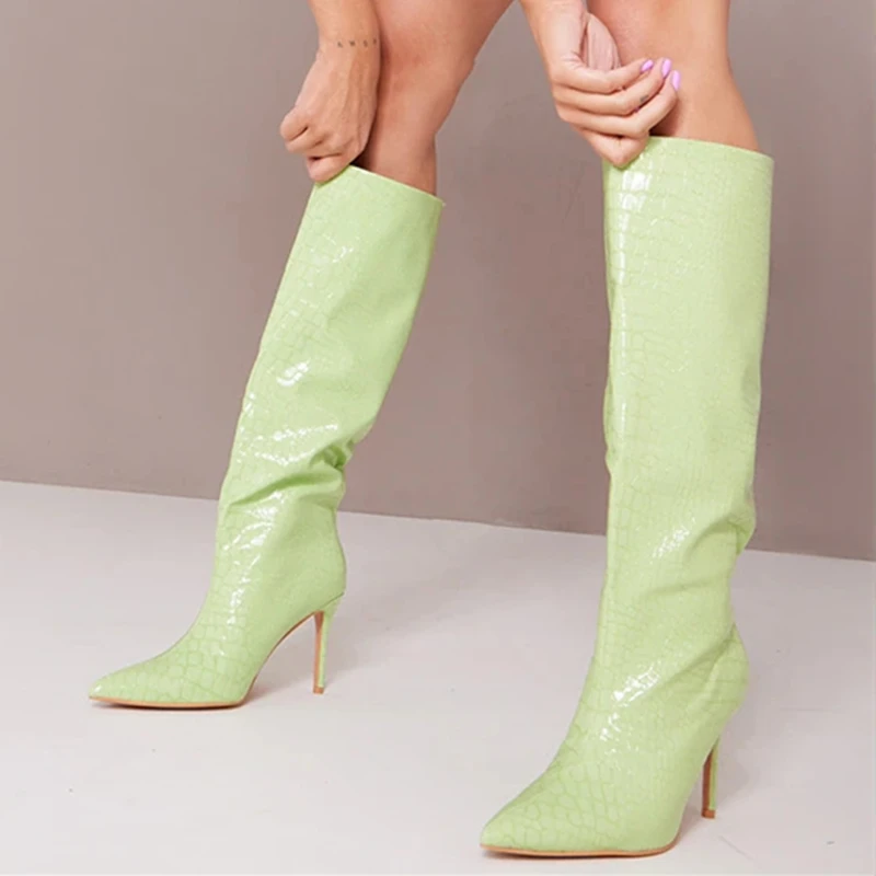 Knee High Crocodile Print Upper Short High Heel Boots Fashion Pointy Toe Light Winter Shoes Women's Booty Big Size 43
