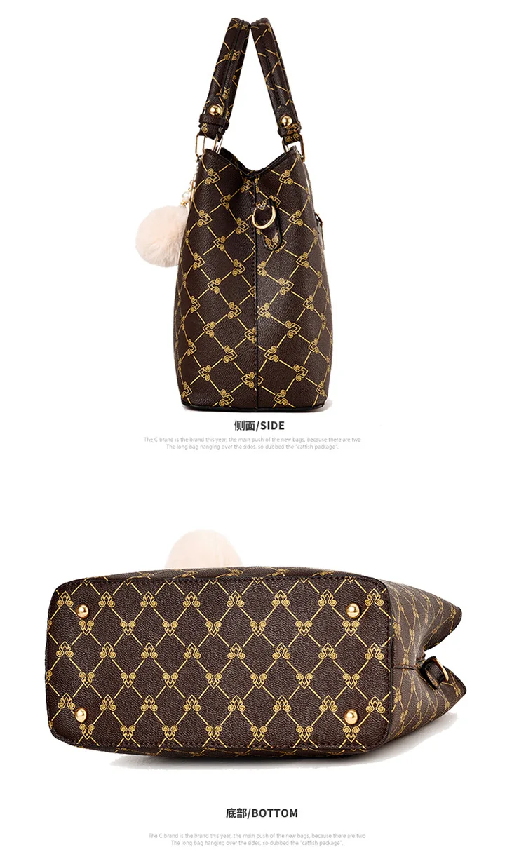 

Retro ladies composite bag ladies famous brand ladies luxury designer shoulder bag female 2020 leather hand bag with fur ball