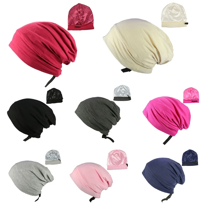 Satin Lined Sleep Cap Hair Cover Bonnet Adjustable Elastic Silky Slouchy Skull Beanie Solid Color Night Sleeping Hat Turban M6CD |