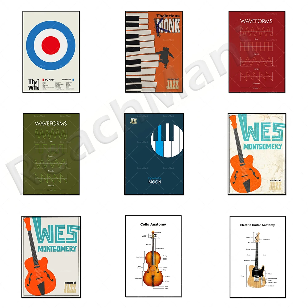 

Electronic waveform guide synthesizer radio waves, electric guitar, cello anatomy poster, guitarist jazz poster. Vector retro de