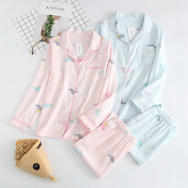 

New spring and summer double-layer gauze cotton suit women's long-sleeved trousers home wear pajama set sleepwear women set