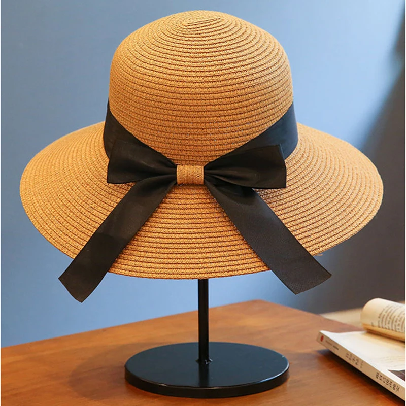 

Bow Foldable Wide Brim Floppy Girls Straw Hat Sun Hat Beach Women Summer Hat UV Protect Travel Cap Lady Cap Female