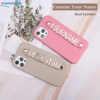 genuine leather cowhide custom name phone case for iphone 11 12 13pro mini max x xr xs 7 8plus diamond metal letters cover coque