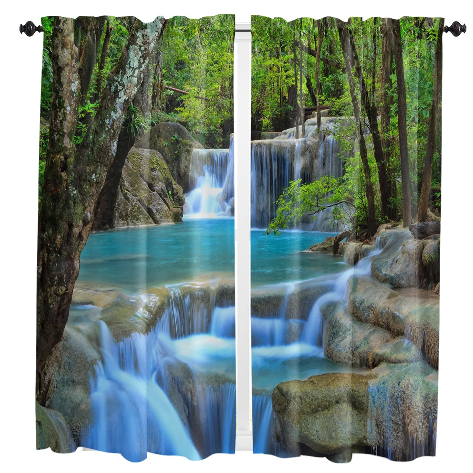 

Лес, водопад, камни, зеленые фотообои, домашний декор, гостиная, кухня, балкон, комната, оконная занавеска, украшение для спальни