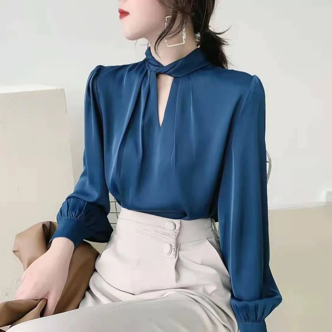 2021 autumn and winter new women's temperament fashion ladies acetate satin blouse solid color bottoming shirt women