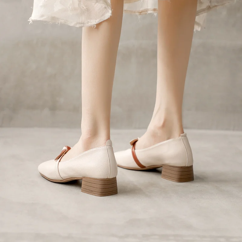 Туфли женские с бантом ПУ кожа квадратный носок без застежки плоская подошва