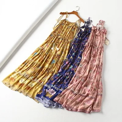 

Boho pink bloom floral print STRAPPY DRESS tassels elastic waist gypsy women summer dress strapless party beach dress wear
