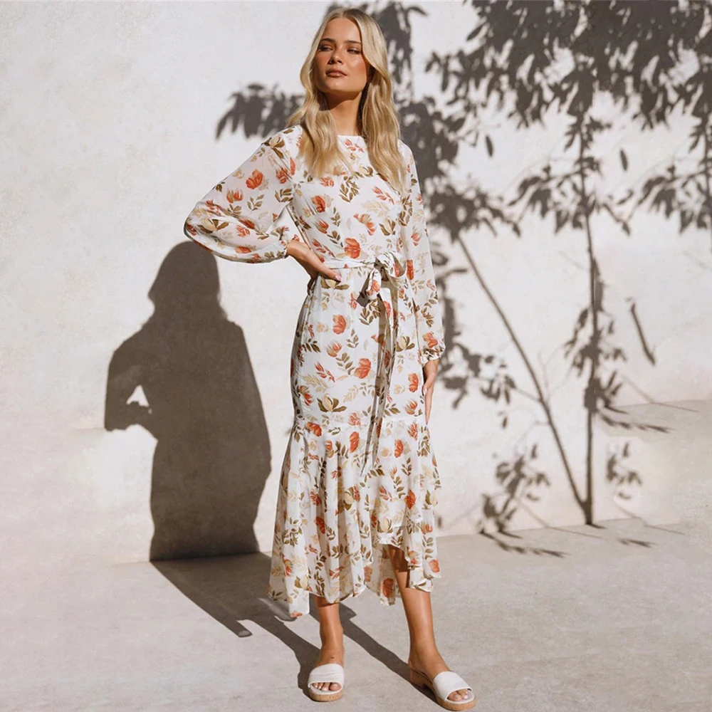 

Женское Цветочное платье миди с оборками, офисное платье с длинным рукавом и круглым вырезом, Свободное длинное платье в стиле бохо на шнуро...