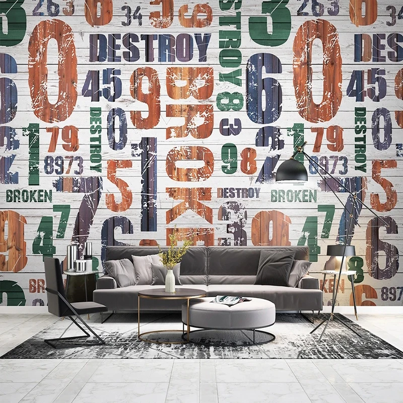 

Custom Mural Wallpaper Nordic Modern 3D Wood Grain English Letters Photo Wall Painting Restaurant Cafe Background Wall Paper 3 D