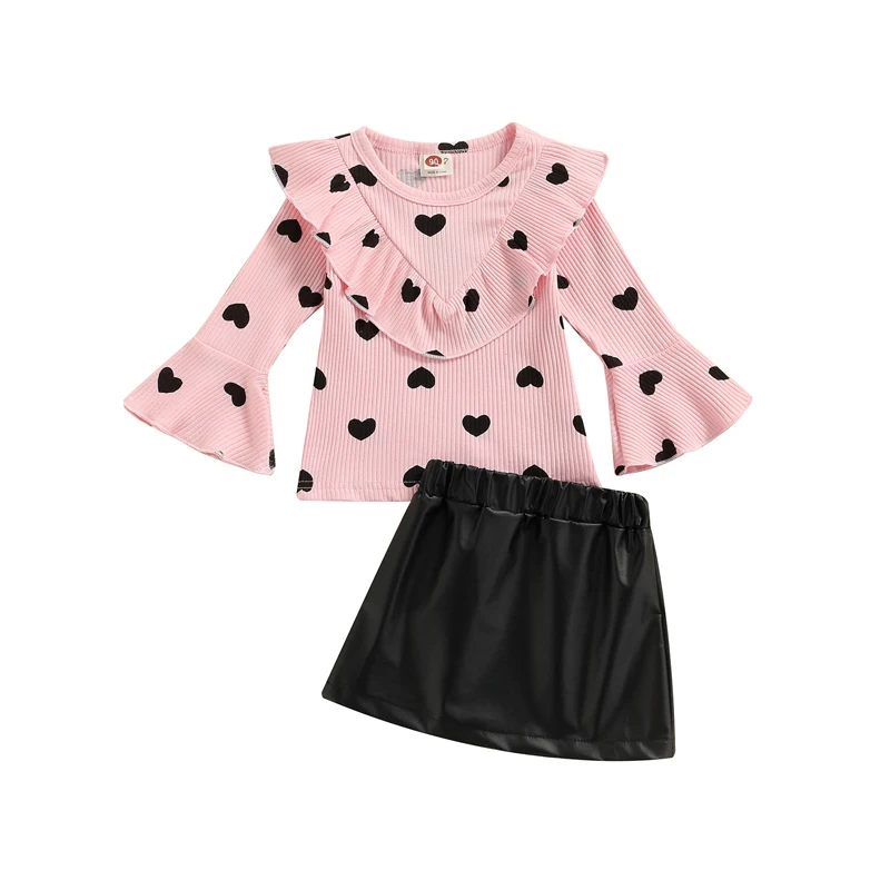 

Children Girls Casual Two-Piece Suits Heart Print Ruffles Flared Long Sleeve Pullover Knitted T-shirts+PU Leather Mini Skirts