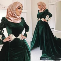 dark green velvet muslim prom dresses high neck appliqued plus size evening gowns long sleeves hijab kaftan dubai overskirt form
