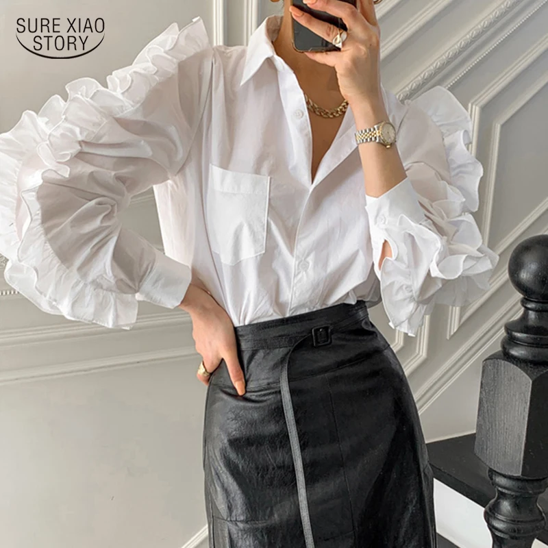 

Korean New Gentle Pleated Plus Size Ladies Blouse Turn-down Collar Button White Women Shirt Top Casual Solid Fenale Blouse 13561