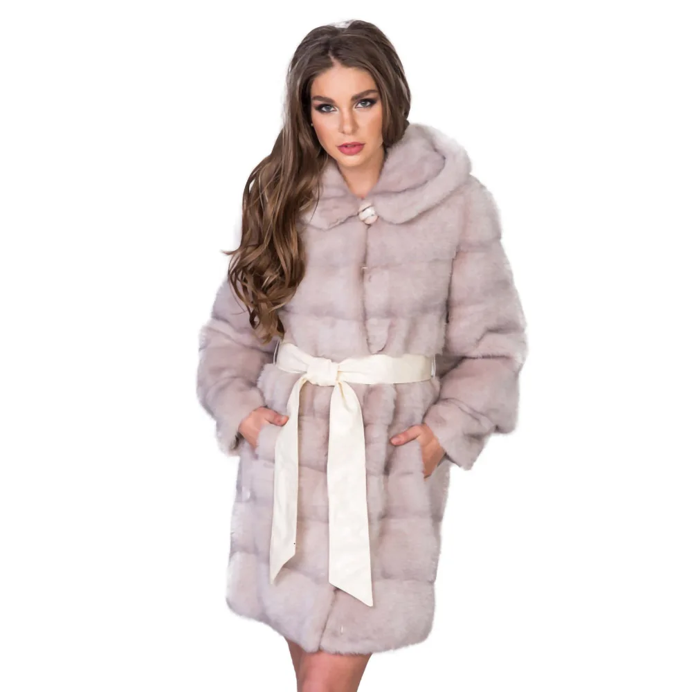 TOPFUR New Fashion Winter Female Coats With Hood Pink Real Fur Coat For Women Natural Mink Fur Outerwear & Coats With Belt