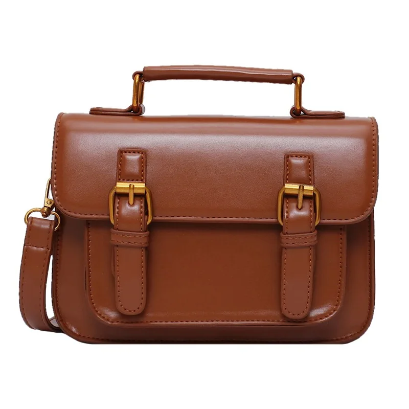 

Vintage Handbags For Women 2021 Fashion Double Belt Leather Briefcase Korean Trendy Small Crossbody Bag Portable Messenger Bag