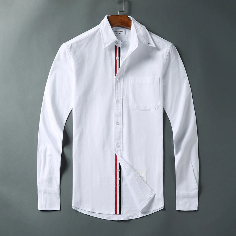 2021 Fashion Brand Shirts Men Slim White Long Sleeve Casual Shirt Turn Down Collar Oxford Striped Solid Men s Clothing