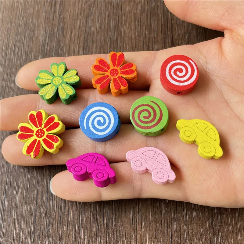 

JunKang 50pcs random mixed batch of wooden colored flowers car candy spacer DIY bracelet necklace crafts connector