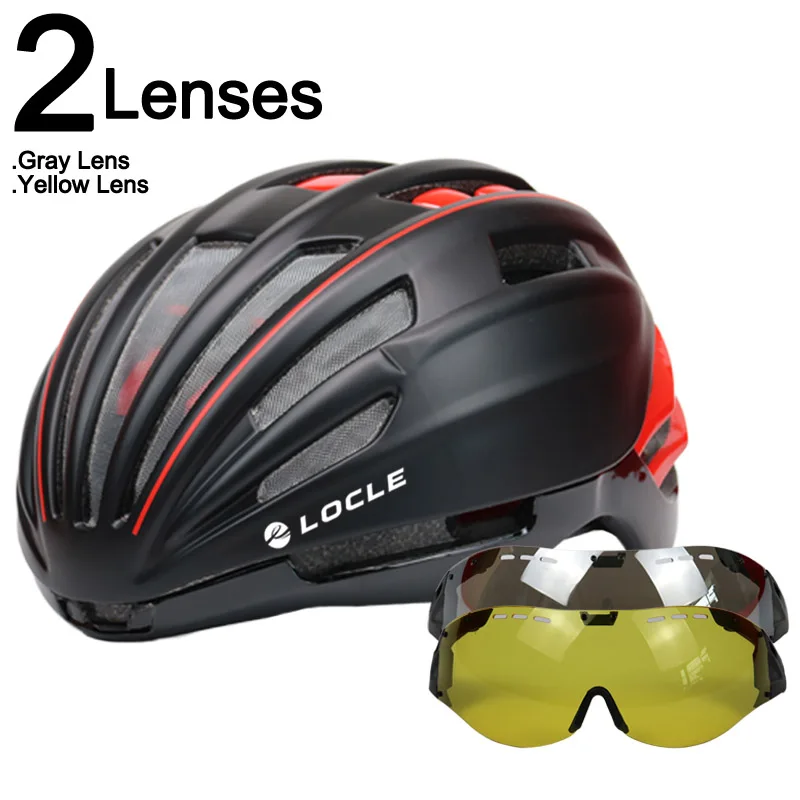 LOCLE Goggles велосипедный шлем двухслойный дорожный горный велосипедный шлем с линзой ультралегкий Casco Ciclismo велосипедный шлем 55-61 см - Цвет: Black Red 2 Lenses