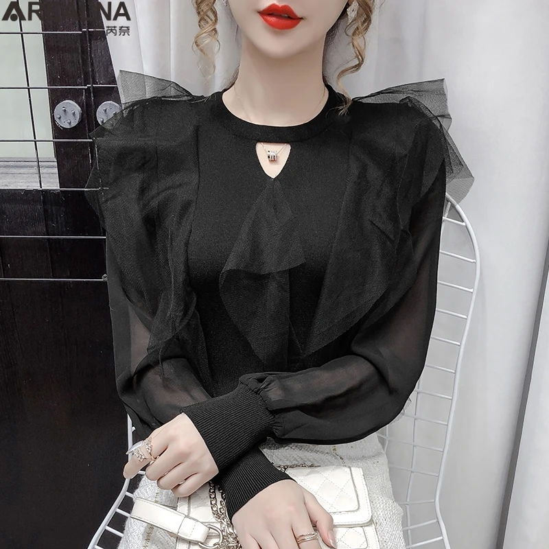 Женский свитер с рукавами-фонариками элегантный вязаный пуловер сетчатыми