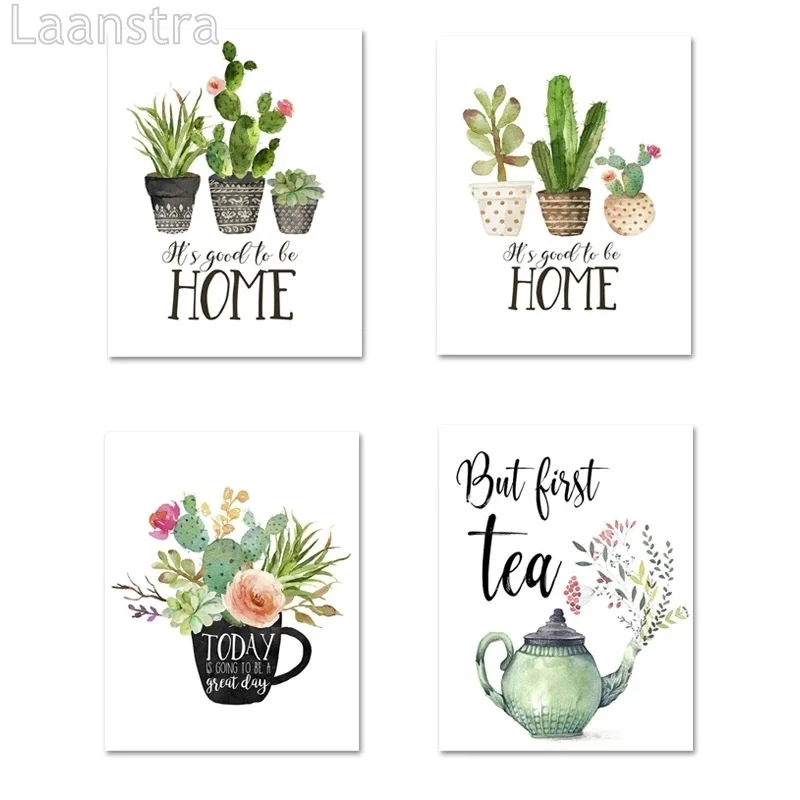 

Botanical Cactus Print Home Sweet Home Sign Quote Wall Art Painting Kitchen Decor Tea Poster Nordic Wall Picture for Living Room