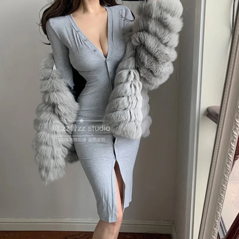 

Kywommnz 2021 Spring Autumn Sexy Dress Women Single Breasted Deep-V Fashion Bag Hip Knee-length Skirt E3759