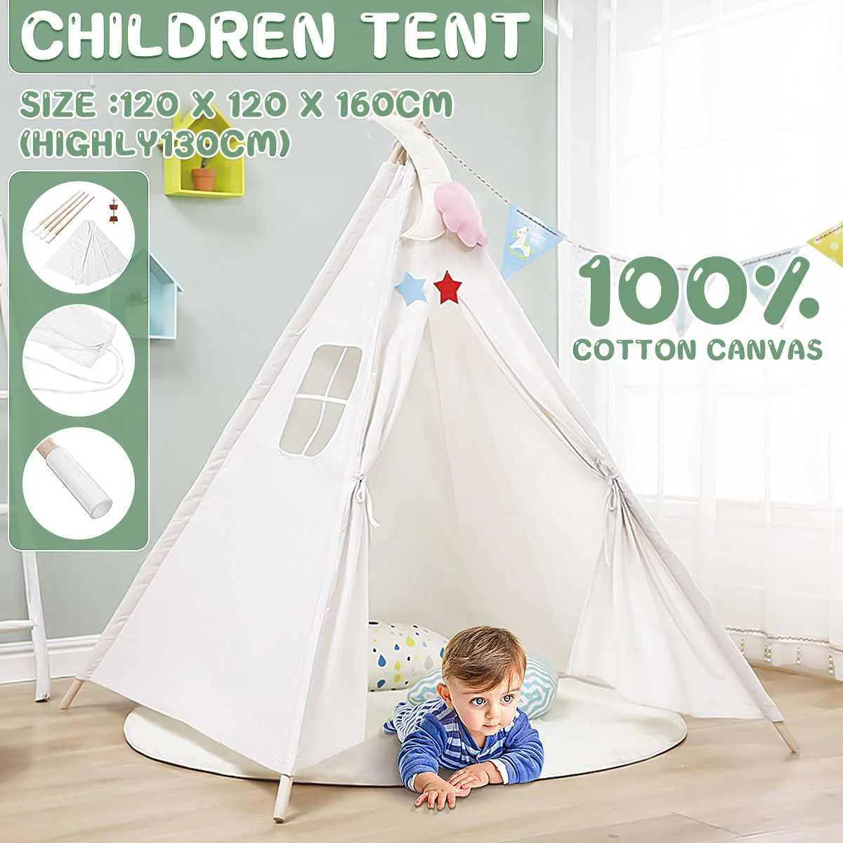 

1.6M Large Teepee Triangle Tent Kids Playhouse Cotton Canvas Pretend Play Tent Decoration Game House Boy Girls