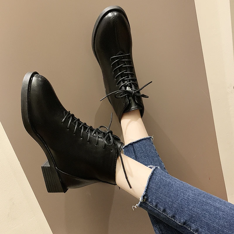 

Black White Ankle Boots Womens Lace Up Med Heel Shoes Autumn Winter Warm Shoes Square Heel Round Toe U3