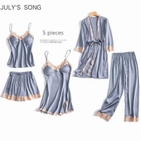 julys song 5 pieces pajamas set sexy lace satin silk sleepwear women summer spring fashion pajamas for women robe sleep lounge