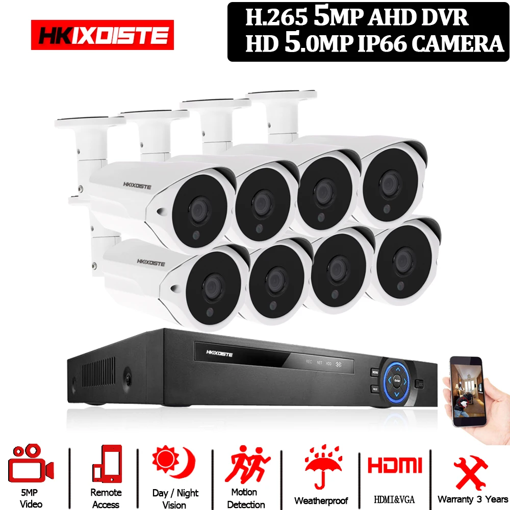 Полный AHD 5MP H.265 видеонаблюдение 8 камера наблюдения набор для видеонаблюдения Открытый День/Ночь 40 м система просмотра AHD камера