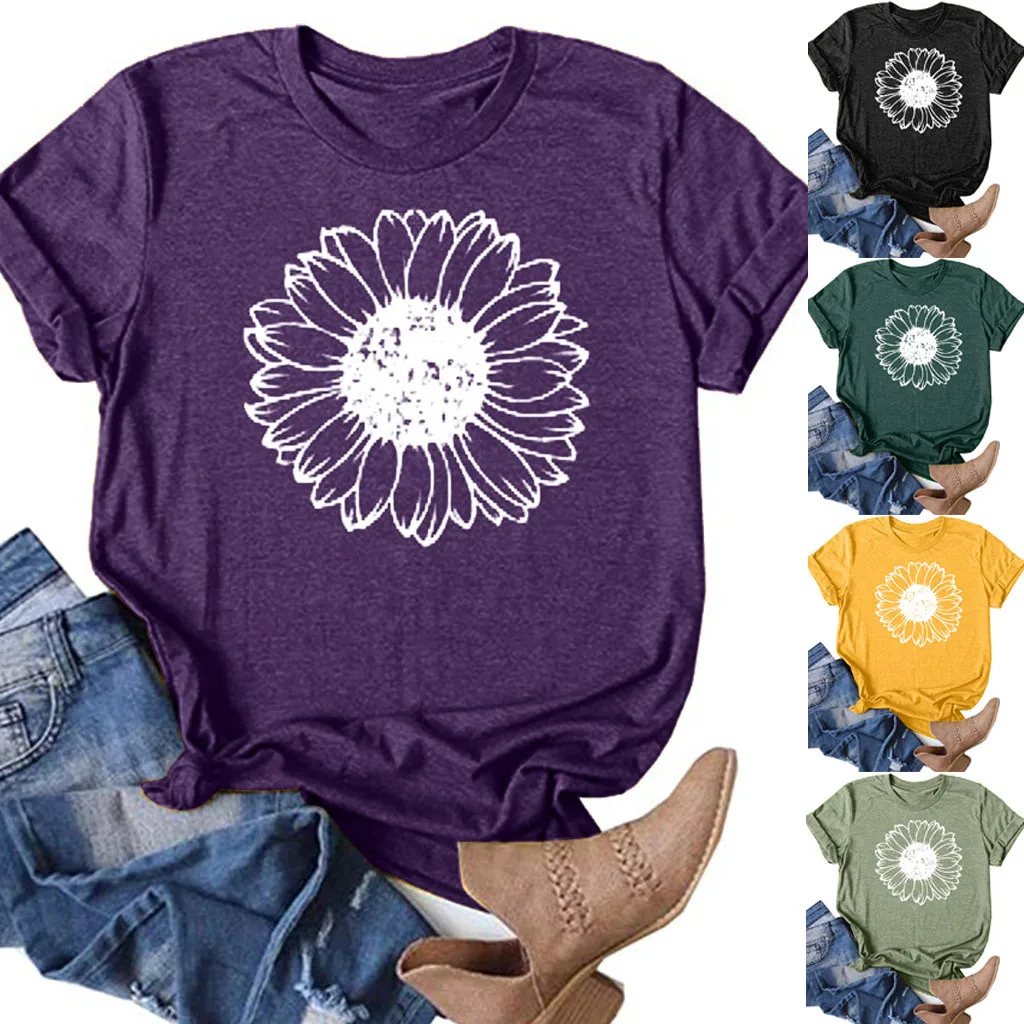 

Women Fashion Casual Round Neck Short Sleeve Casual Printed T-Shirt Solid Color Big Abstract Lines Chrysanthemum Printing Shirt