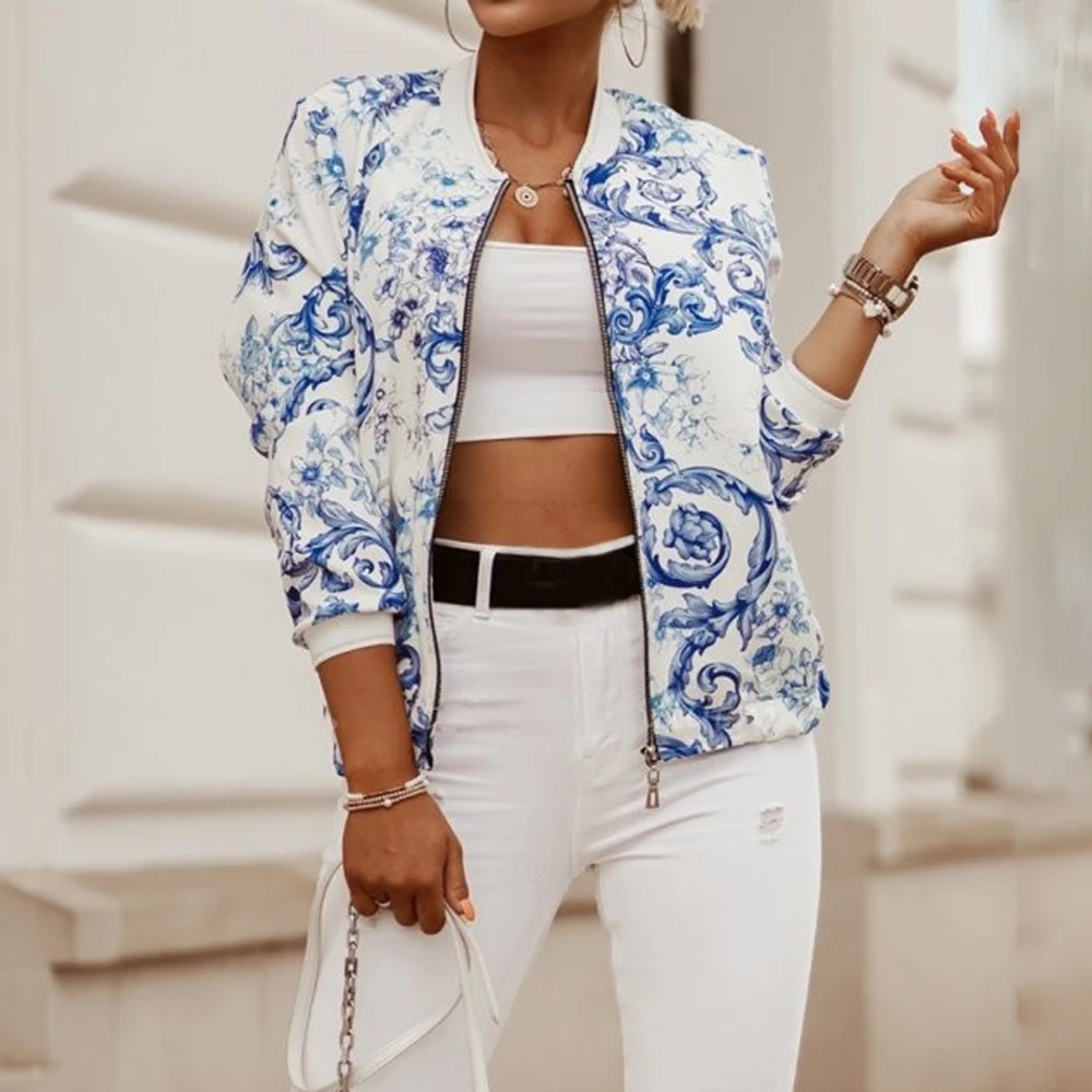 2020 осенне зимняя тонкая короткая куртка с длинными рукавами и принтом Женская