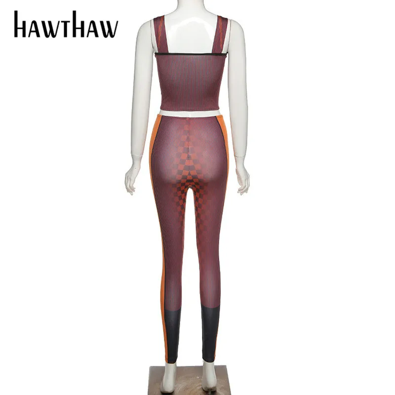 

Hawthaw Women Autumn Winter Crop Tank Tops Slim Long Pants Sportswear Streetwear Printed Two Pieces Sets 2020 Fall Clothes