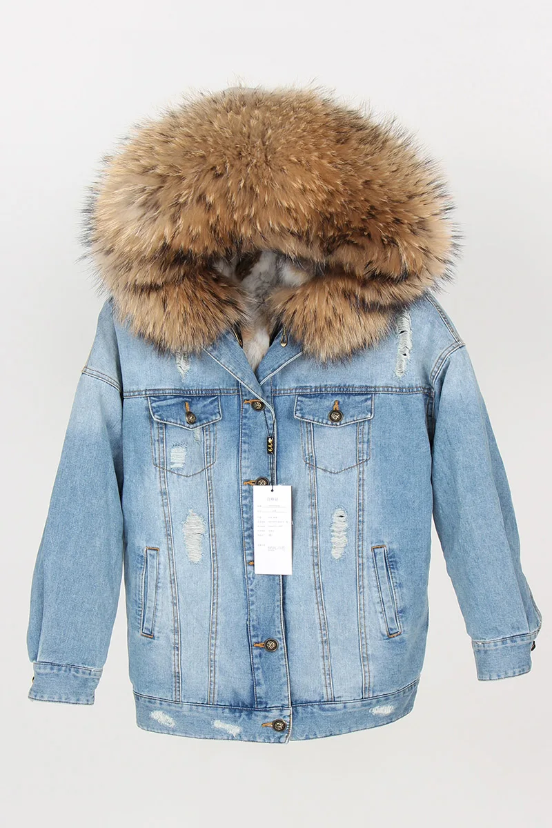 

Natural raccoon big fur collar denim fur jacket quality rabbit fur lined warm jacket coat fashion women street clothing