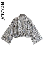 kpytomoa women fashion totem print cropped crossover blouses vintage three quarter sleeve side zipper female shirts chic tops