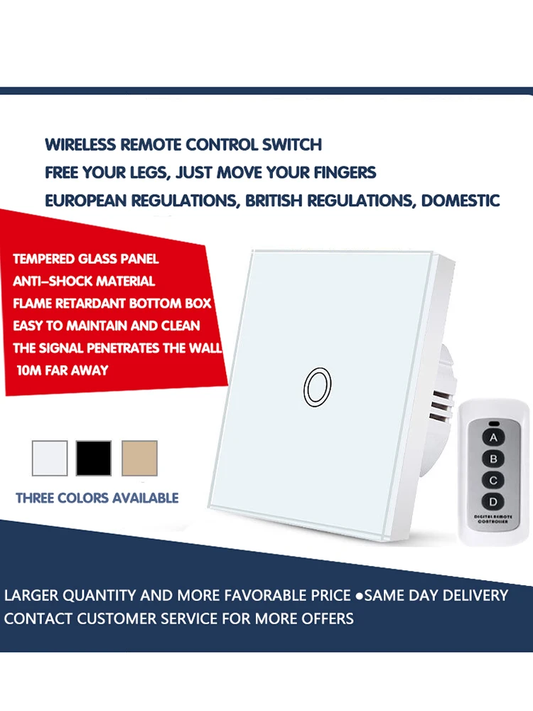 

high quality Touch switch EU standard three-color crystal glass panel light switch 1/2/3Gang 220V, wall light touch switch