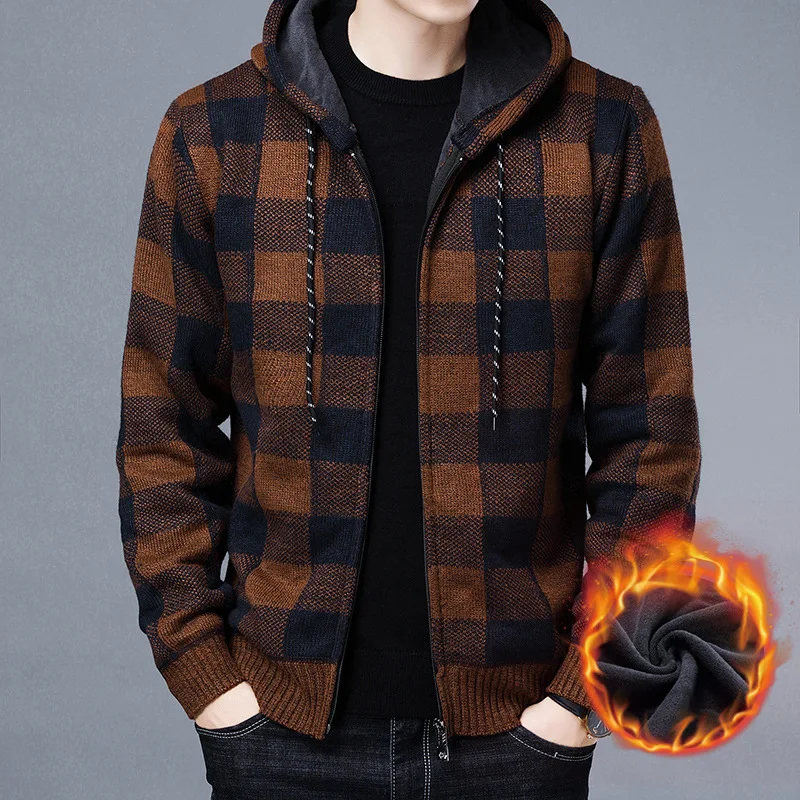 NEW Men's Sweater Coat 2021 Autumn Winter Thick Warm Hooded Plaid Wool Cardigan Jumpers Zipper Fleece Men | Мужская одежда
