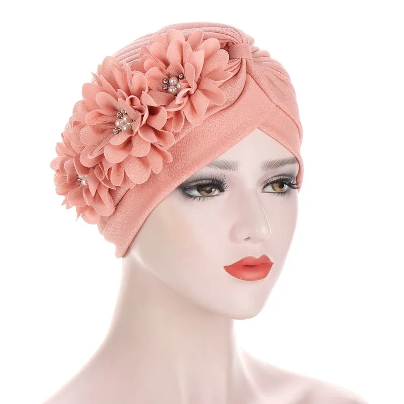 

2021 New Fashion Women Diamonds Flower Turban Cap Soild Color Muslim Headscarf Bonnet Inner Hijabs Arab Head Wraps Indian Hat
